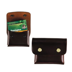 A Turkey/Waterfowl Shell Holder made of brown leather with two snap buttons opens to reveal a box of Remington ammunition. Another view shows the holder closed.