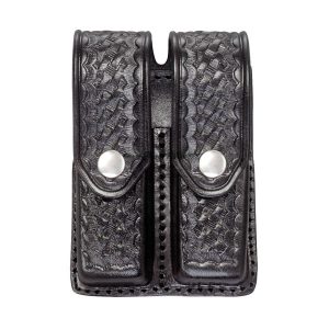 The Double Magazine Holder is a black leather pouch with two compartments, snap button closures, and a textured woven pattern.