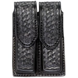 A black leather Hidden Snap Magazine Pouch featuring a double compartment and embossed design.