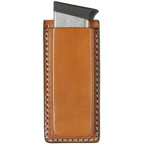 A brown leather pocket clip case, identified as a Magazine Carrier, holding a rectangular metal object with a dark top.