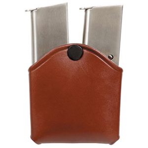 Open Top Double Magazine Carrier in brown leather holds two silver magazines upright against a white background.