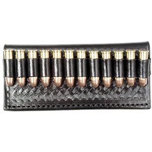 A black leather 12 Loop Cartridge Slide showcasing ten brass bullets in individual loops.
