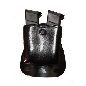 A black Open Top Magazine Carrier with Paddle displayed against a white background, holding two pistol magazines.