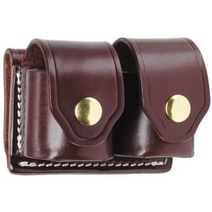 A Double Speedloader Leather Case in brown leather features two compartments, each with a flap fastened by a gold button.