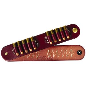 Reloading Strips hold eight bullets in two rows, featuring beige stitching and brass button closures.