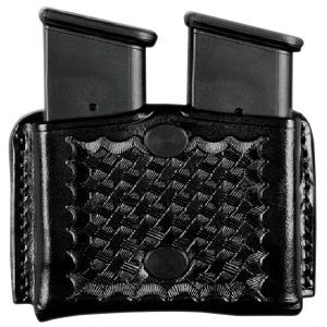 The Double Open Top Magazine Pouch is a black leather pouch with two compartments, textured pattern, and button snaps, designed to hold two magazines.