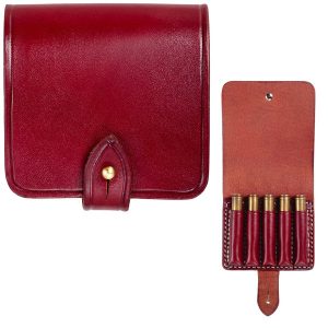 The Trophy Cartridge Carrier, .338-.375 Magnum is a red leather pouch with a snap closure, shown open and closed, featuring five slots each holding a brass bullet.