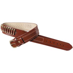 The Deluxe Cartridge Belt is a brown leather belt with a brass buckle and features slots for holding rifle cartridges.