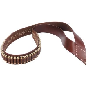 The Pistol Bandolero features a brown leather design with multiple bullet slots, each holding a cartridge and displayed on a plain background.