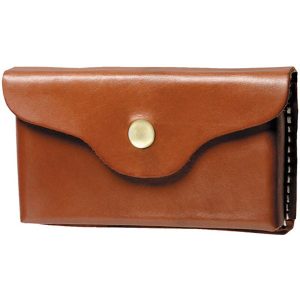 A Rifle Cartridge Box made of brown leather features a brass snap button closure.