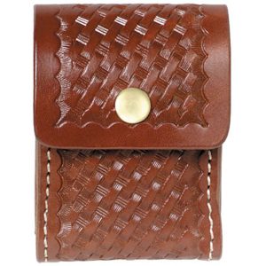 A Rifle Cartridge Case featuring a brown leather design, snap closure, and woven texture.
