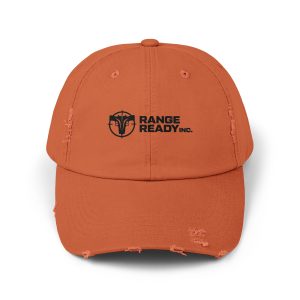 The Range Ready Hunter Orange Distressed Hat features a black "Range Ready Inc." logo and emblem on the front.