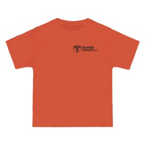 Hunter's Orange Short-Sleeve T-Shirt – 100% Cotton, featuring a durable outdoor fit and a black "Range Ready Inc." logo with text on the left chest.